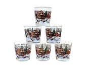 REDUCED!! Vintage Whiskey Glasses, Christmas Theme Lowball, Holiday Bar Glasses, S/6