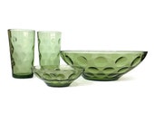 Green Glass Dishes, Hazel Atlas El Dorado, Mid Century Polka Dot Set, 1960s