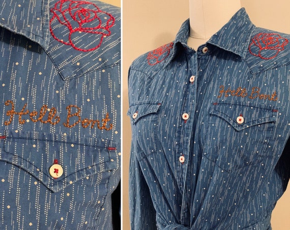 Women's light blue 'Hell Bent' custom long sleeve western shirt - size M / L
