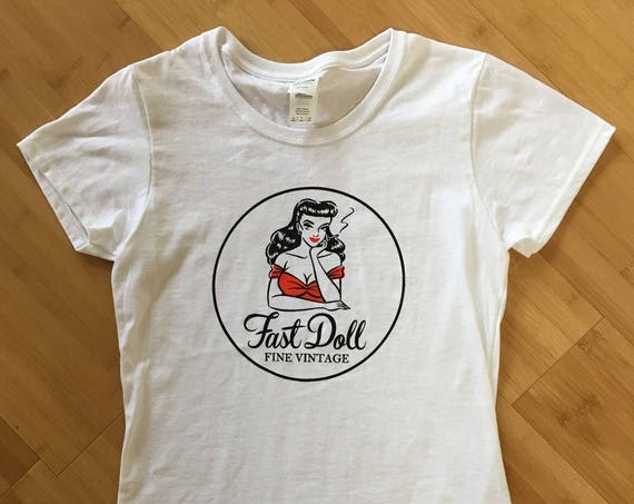 Fast Doll Fine Vintage women's fitted cotton circle logo t-shirt top - sizes S - M - L - XL - WHITE