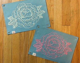 Blue canvas chainstitched peony banners - pink or mint green stitching - traditional tattoos - chainstitch embroidery - wall decor