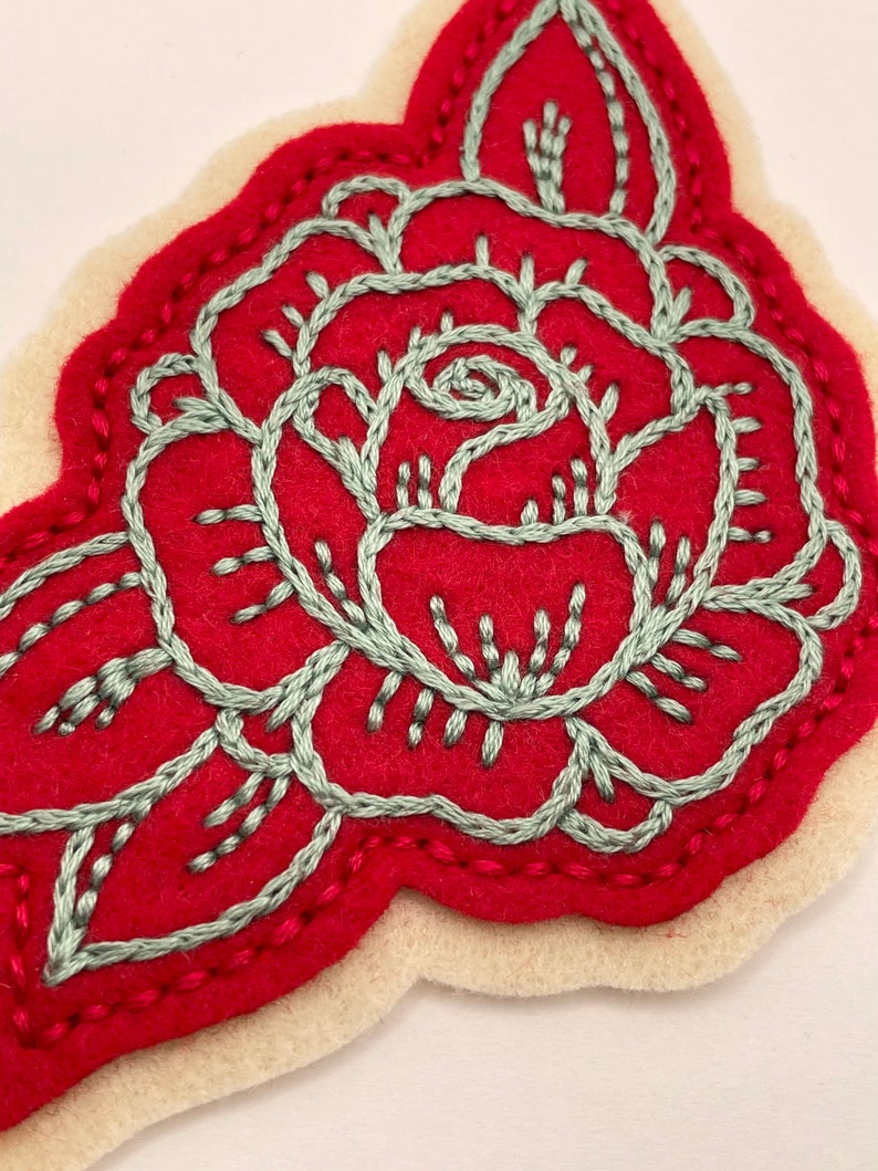 Handmade / hand embroidered tan & off white felt patch small black lines rose vintage style traditional tattoo flash Blue Floss/Red Felt