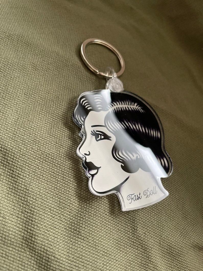 Black & white 1920s lady head tattoo acrylic keychain image 3