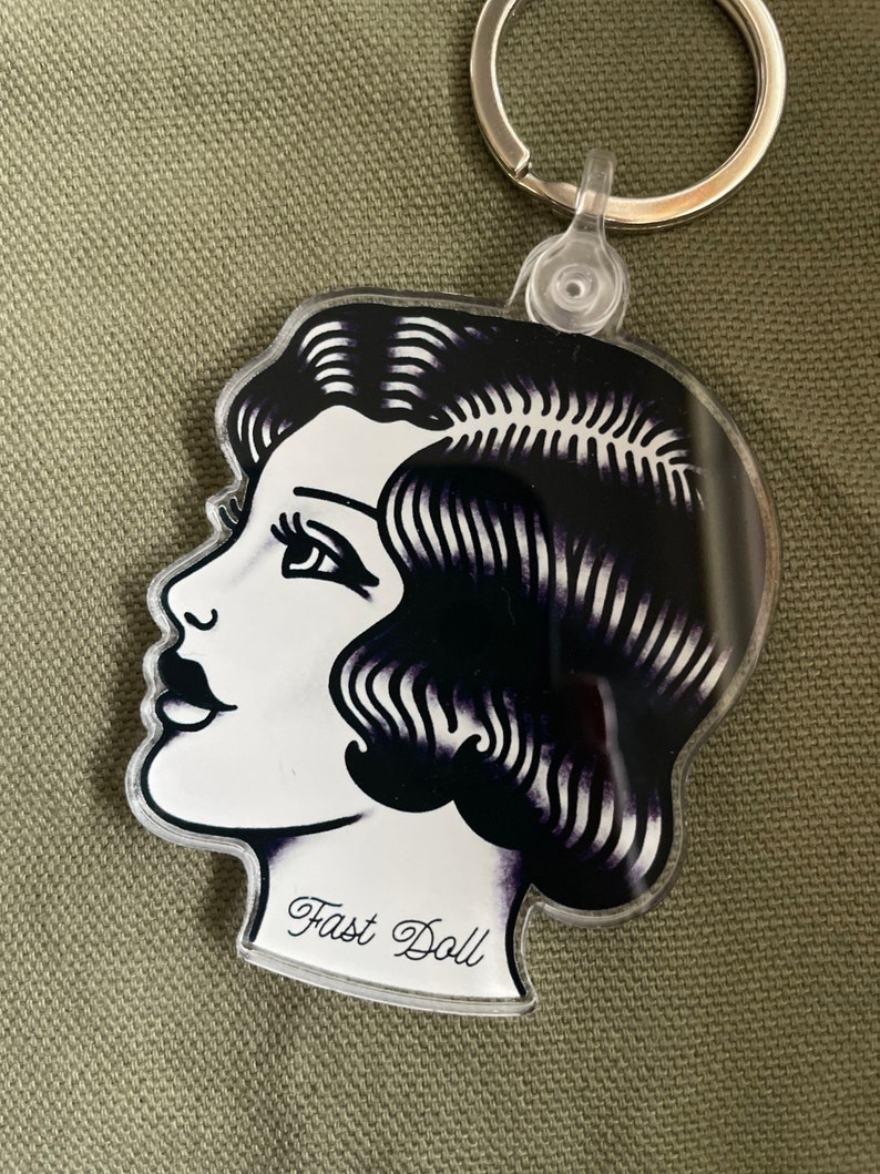 Black & white 1920s lady head tattoo acrylic keychain image 1