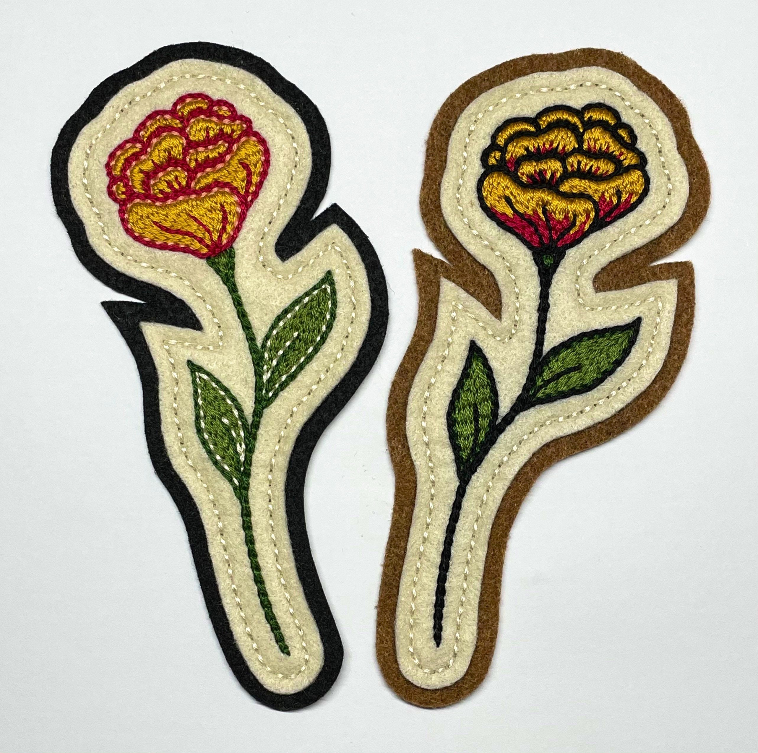 Handmade Hand Embroidered Off White And Black Tan Felt Patch Yellow Dark Fuschia Marigold Vintage Style Traditional Tattoo Flash