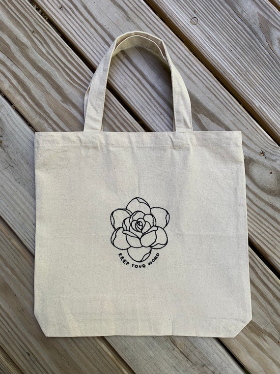 ‘Keep Your Word’ with traditional rose hand-stitched canvas tote bag