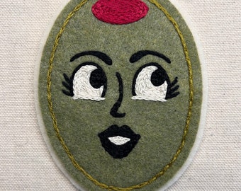 Handmade / hand embroidered olive green & off-white felt patch - green olive lady face - vintage style - traditional tattoo flash