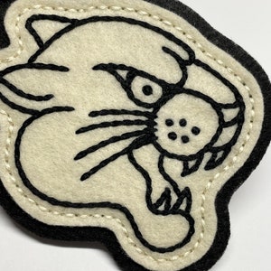 Handmade / hand embroidered off white & black felt patch black lines panther head vintage style traditional tattoo flash image 3