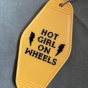 Hot Girl on Wheels yellow & black motel hotel vintage style acrylic keychain image 1