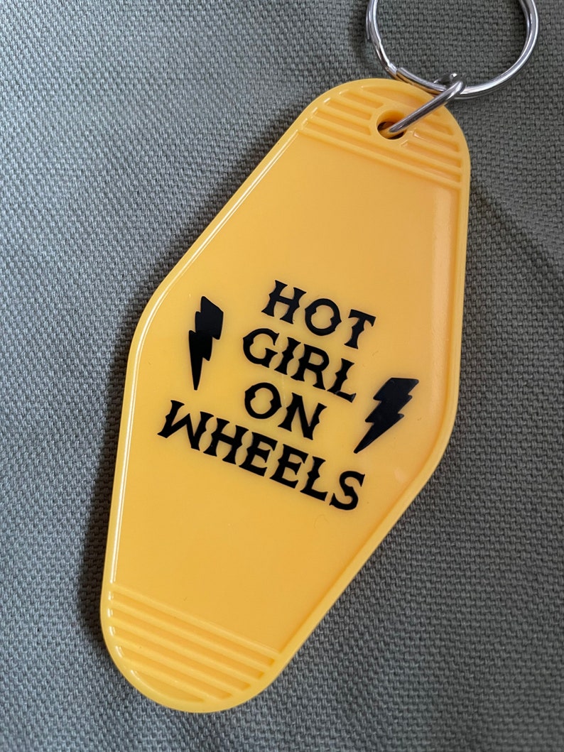 Hot Girl on Wheels yellow & black motel hotel vintage style acrylic keychain image 1