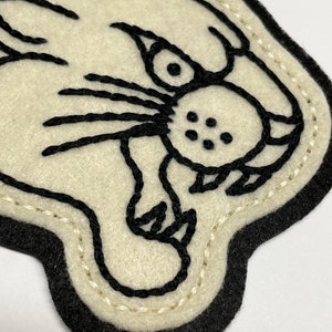 Handmade / hand embroidered off white & black felt patch black lines panther head vintage style traditional tattoo flash image 5