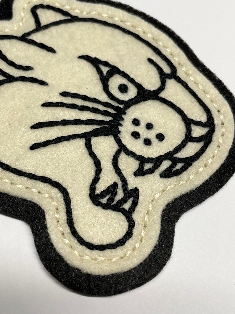 Handmade / hand embroidered off white & black felt patch black lines panther head vintage style traditional tattoo flash image 5