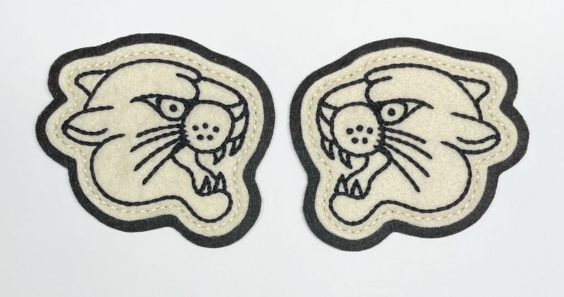 Handmade / hand embroidered off white & black felt patch black lines panther head vintage style traditional tattoo flash image 1