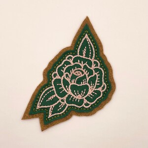 Handmade / hand embroidered tan & off white felt patch small black lines rose vintage style traditional tattoo flash image 9