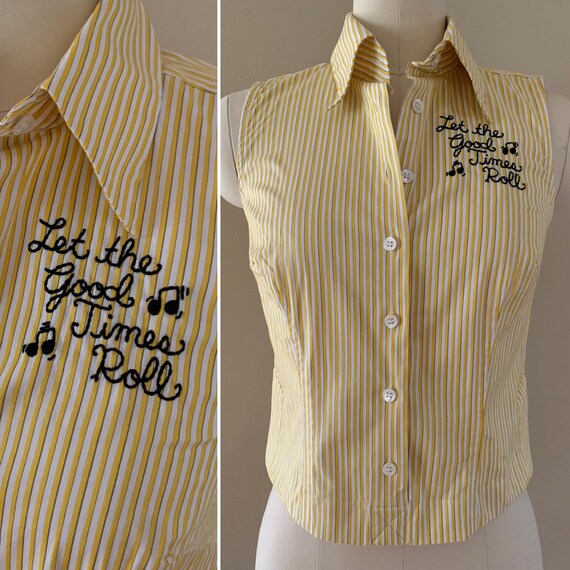 Women's yellow & white striped 'Let the Good Times Roll' sleeveless crop top - size 4 - S/M