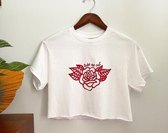 White cotton ‘Take Me Out’ rose tattoo cropped tee