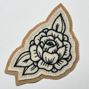 Handmade / hand embroidered tan & off white felt patch small black lines rose vintage style traditional tattoo flash image 7