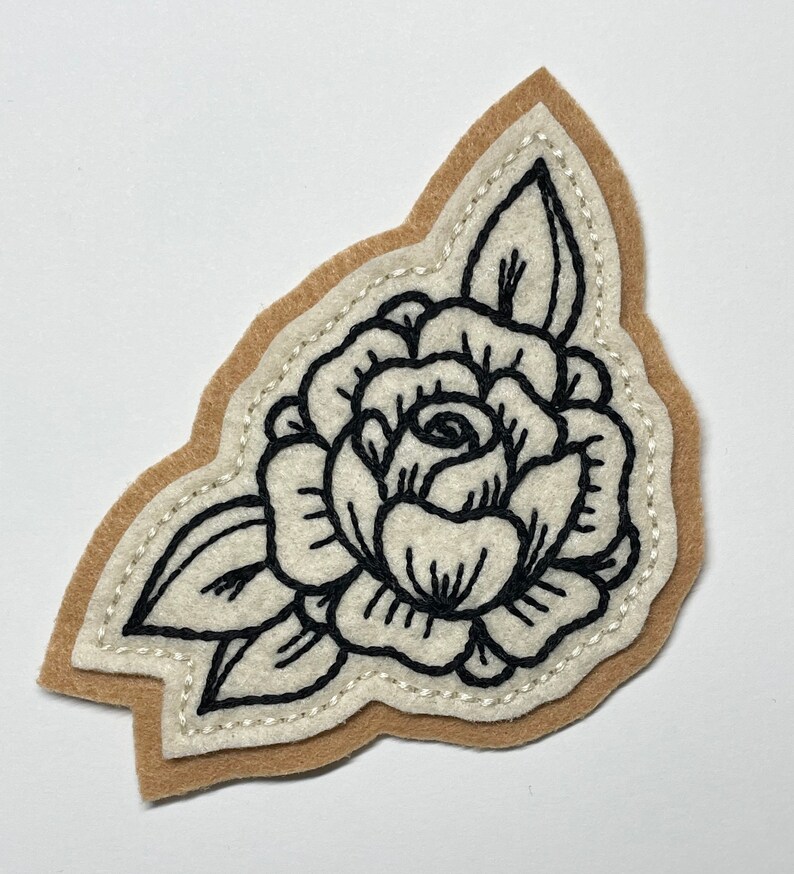 Handmade / hand embroidered tan & off white felt patch small black lines rose vintage style traditional tattoo flash image 7