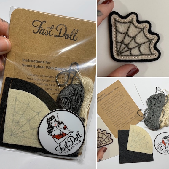 Fast Doll DIY hand-stitch felt patch kits - ‘Mama Tried’, spiderweb, cherries, skull, ‘Stay Gold’ heart, crescent moon or ‘Mama TIRED’