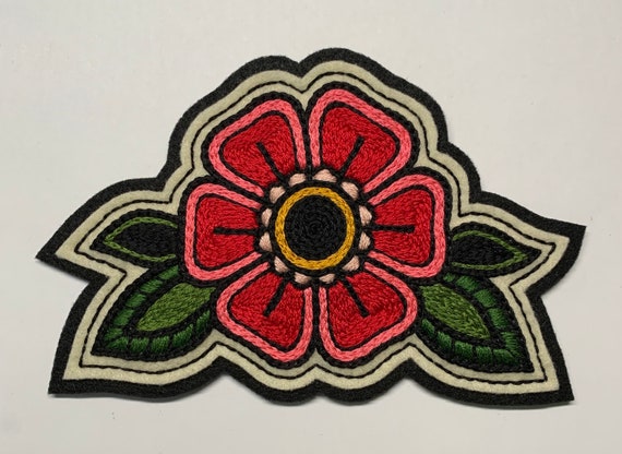 Handmade / hand embroidered black & off white felt patch - large red and pink flower green leaves - vintage style - traditional tattoo flash