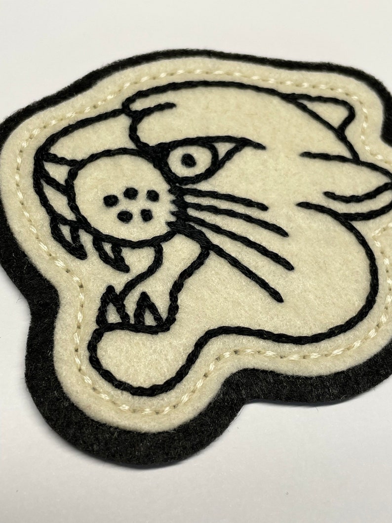 Handmade / hand embroidered off white & black felt patch black lines panther head vintage style traditional tattoo flash image 6