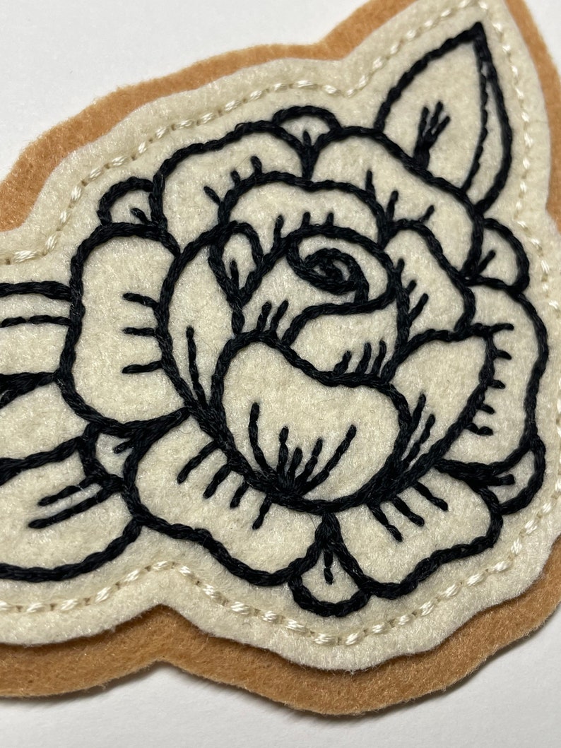 Handmade / hand embroidered tan & off white felt patch small black lines rose vintage style traditional tattoo flash Black Floss/OW Felt