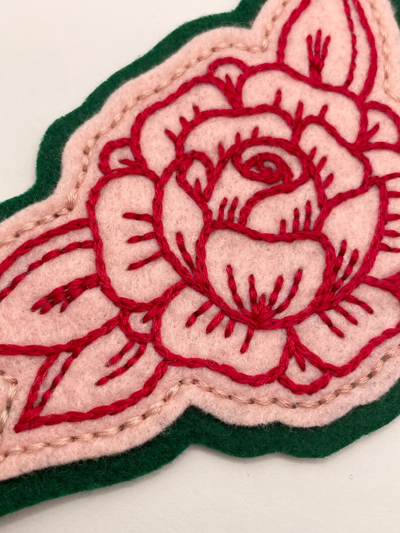 Handmade / hand embroidered tan & off white felt patch small black lines rose vintage style traditional tattoo flash Red Floss/Pink Felt