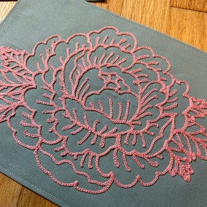 Blue canvas chainstitched peony banners pink or mint green stitching traditional tattoos chainstitch embroidery wall decor image 2