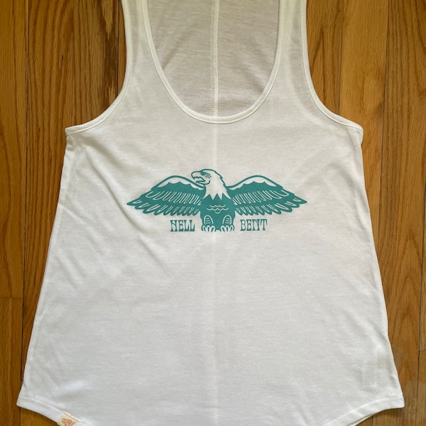 Women’s white soft cotton blend long flowy tank - ‘Hell Bent’ teal blue traditional tattoo eagle graphic print - S-2XL