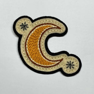 Handmade / hand embroidered black & off white felt patch - gold crescent moon and stars - vintage style - traditional tattoo