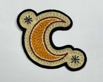 Handmade / hand embroidered black & off white felt patch - gold crescent moon and stars - vintage style - traditional tattoo