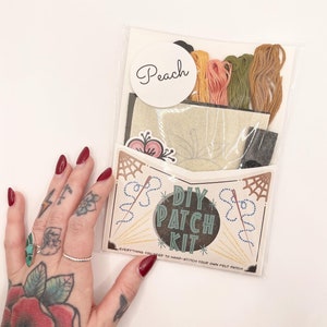 Fast Doll DIY hand-stitch tattoo felt patch kits - cherries, ‘Stay Gold’ heart, crescent moon, rosebud, ‘Mama Tried’, ‘SPEED!’ skull, peach