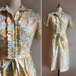 Vintage 1960s 60s 60's women's fall short sleeve cotton shirt dress with belt blue green orange floral print XS Extra Small 36 bust 25 waist