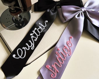 Custom chainstitched / embroidered satin hair bows — clips & barrettes — hair accessories — personalized gifts
