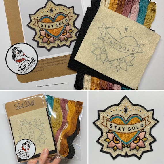 Fast Doll DIY hand-stitch felt patch kits - ‘Mama Tried’, spiderweb, bolt, cherries, skull, ‘Stay Gold’ heart, crescent moon or ‘Mama TIRED’