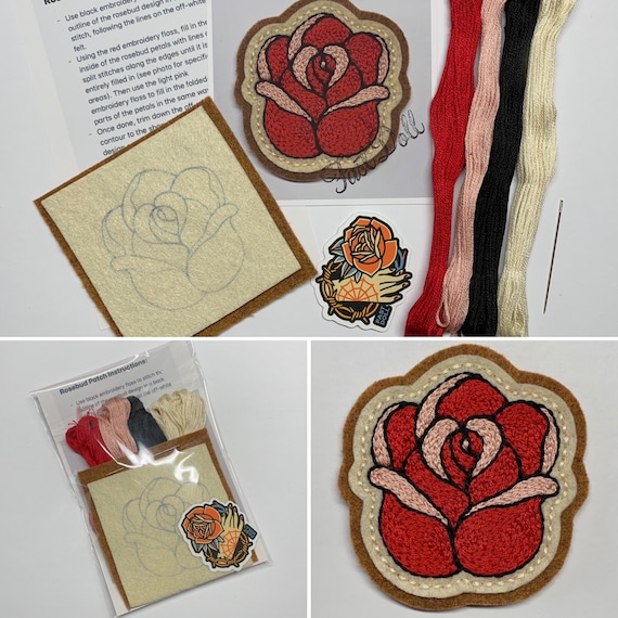 Fast Doll DIY hand-stitch tattoo felt patch kits - ‘Mama Tried’, spiderweb, bolt, cherries, rosebud, skull, ‘Stay Gold’ heart, crescent moon