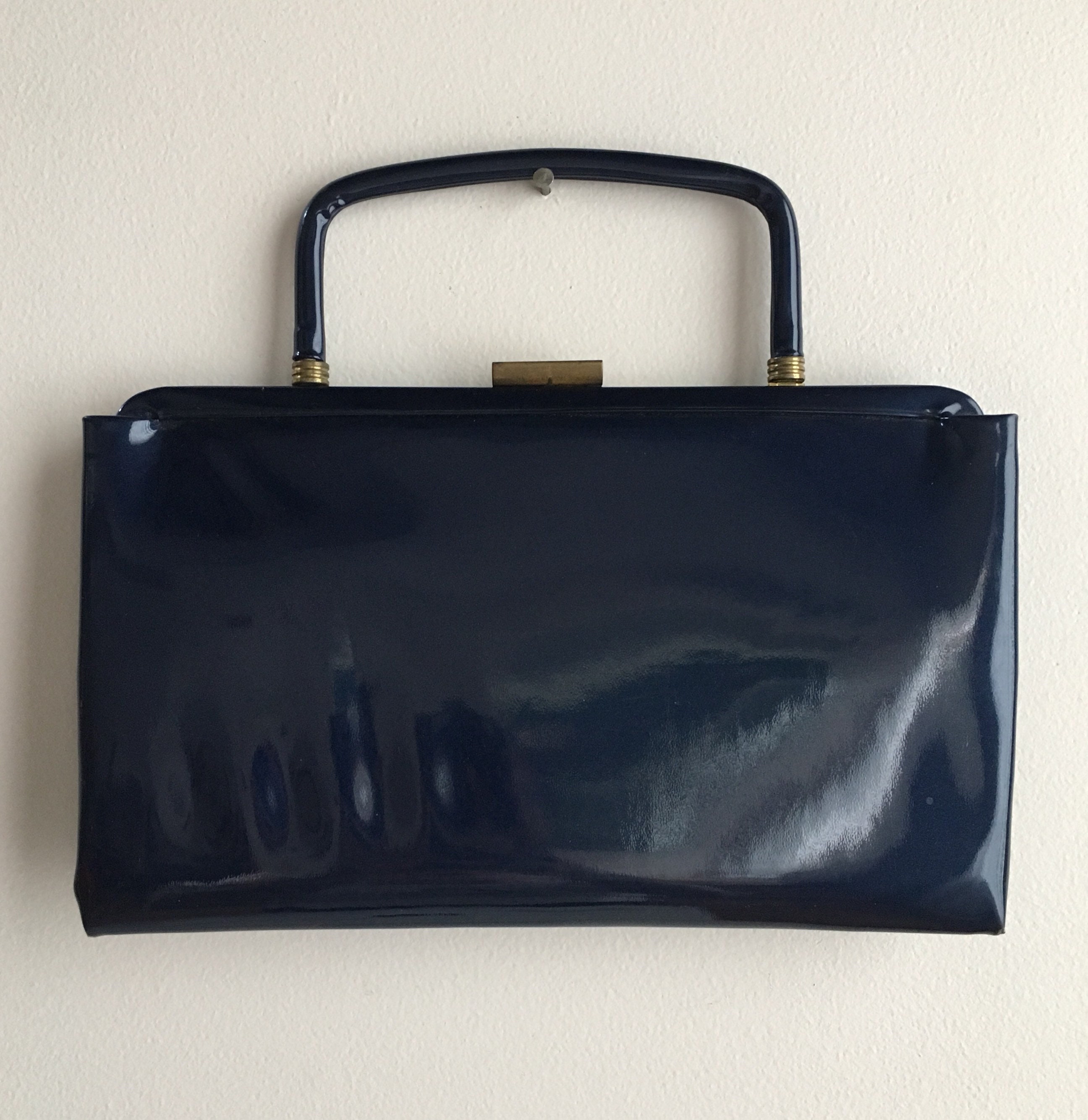 navy blue patent leather purse