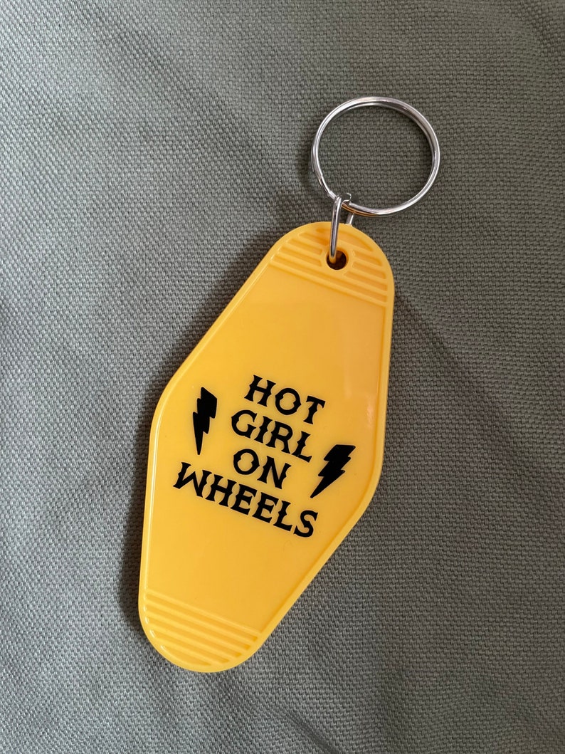 Hot Girl on Wheels yellow & black motel hotel vintage style acrylic keychain image 2