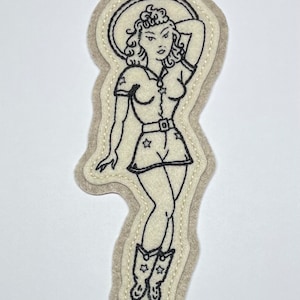 Handmade / hand embroidered off white & tan felt patch - cowgirl pinup - vintage style - traditional tattoo