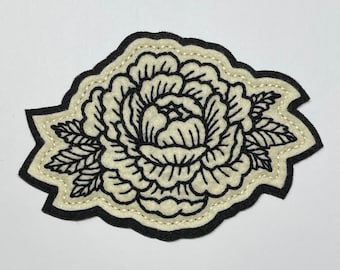 Handmade / hand embroidered black & off white felt patch - black lines peony flower patch - traditional tattoo flash