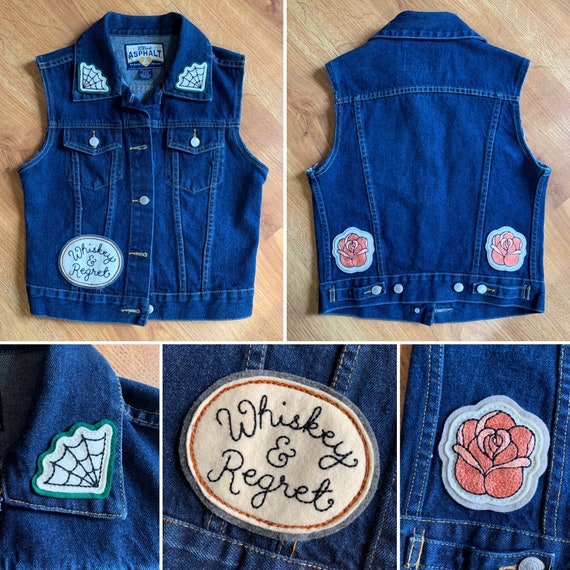 Women’s dark denim vest with custom patches - spiderwebs, roses, custom lettering