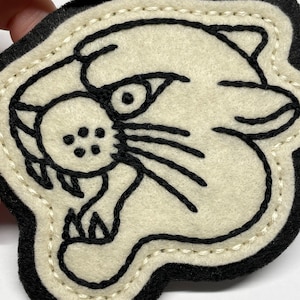 Handmade / hand embroidered off white & black felt patch black lines panther head vintage style traditional tattoo flash image 4