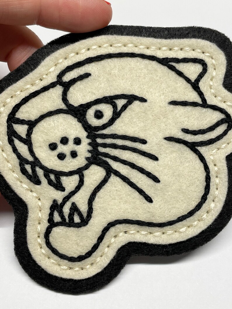 Handmade / hand embroidered off white & black felt patch black lines panther head vintage style traditional tattoo flash image 4