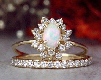 SET: Opal Engagement Ring and 1.9MM Diamond Band | Celestial Diamond Halo | Matching Set | Solid 14K Gold | Fine Jewelry | Free Shipping