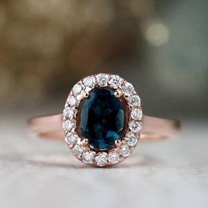 7x5MM London Blue Topaz Diamond Halo Engagement Ring | Solid 14K Gold | Prong Setting | Polished Finish | Fine Jewelry | Free Shipping