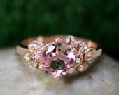 Rosa Turmalin und Diamant-Verlobungs <Prong / pflastern> Massiv 14K Rotgold (14KR) Farbige Stein Hochzeits-Ring * Fine Jewelry *