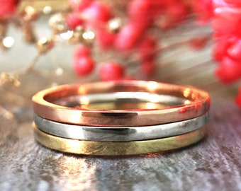 SET: Polished Wedding Bands Solid Tri-Tone 14K Gold (14KW, 14KY, 14KR) Stackable Women's Engagement Rings *Fine Jewelry* (Free Shipping)