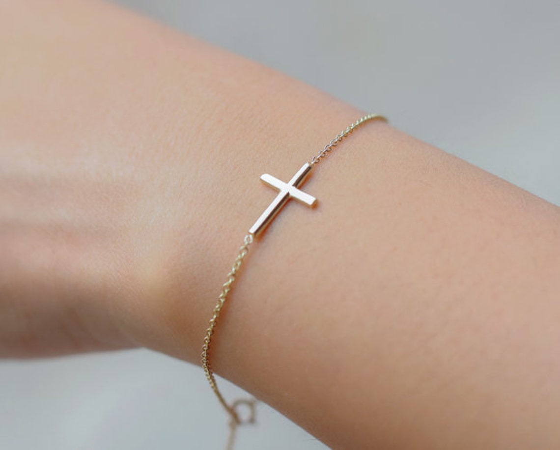 Cross Bracelet Solid 14K Gold Chain Bracelet Religious Etsy