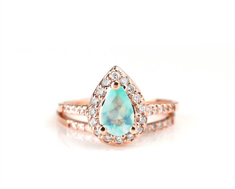 SET: Pear-shaped Peruvian Opal Ring 1.5MM Diamond Band - Etsy