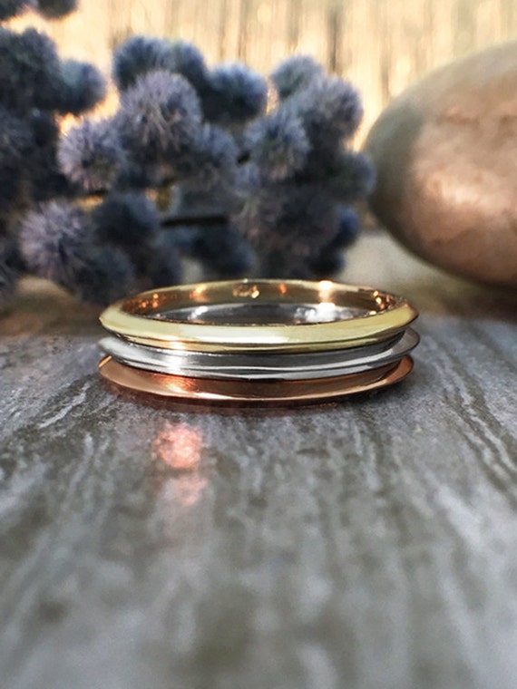 SET | Knife Edge Bands | Wedding Bands | 14K Tri-tone Gold Ring | Stackable Rings | 1.5MM Bands | Solid Gold | Fine Jewelry | Free Shipping